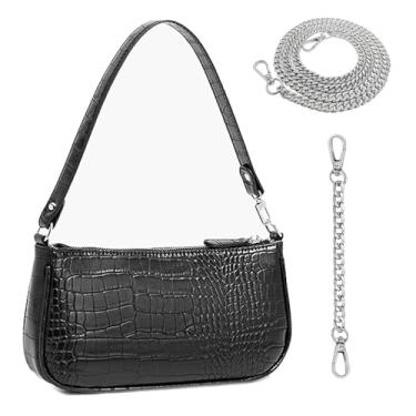 Imagem de Yuni Sophy Bolsa feminina texturizada, bolsa de ombro pequena com corrente de 70 cm, faça você mesmo, deslocamento diário, encontros casuais, Preto - A, Small, Lazer, clássica, versátil