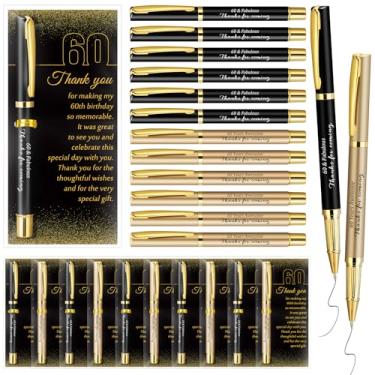 Imagem de Feifeiya Conjunto de 30 lembrancinhas de festa de aniversário de 60 anos com canetas esferográficas pretas e douradas e cartões de agradecimento para mulheres e homens, presentes de agradecimento de