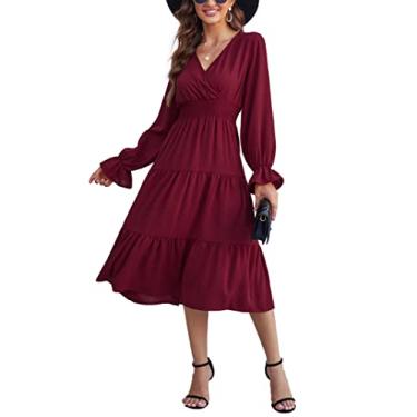 Imagem de KOJOOIN Vestido midi feminino casual com decote em V, manga comprida, cintura franzida, evasê, plissado, rodado, Borgonha profunda -, XXG
