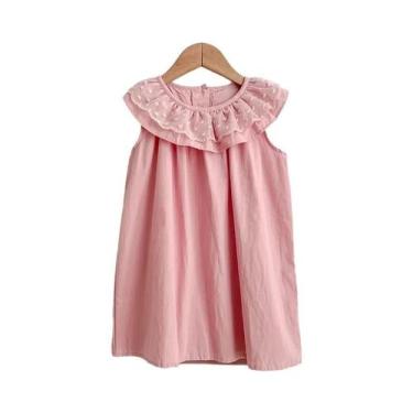 Imagem de Vestido Infantil De Verão Com Gola De Renda E Alças Sem Mangas, Cor Só