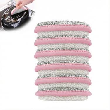 Imagem de Conjunto de 6 peças de esponjas de lavar louça de dupla face: almofadas redondas sem arranhões ideais para limpar pratos, panelas, pia e bacia na cozinha (rosa)