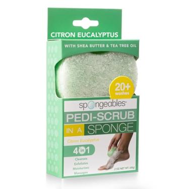 Imagem de Spongeables Pedi-Sarmin Esponja esfoliante para os pés com amortecedor de calcanhar e óleo de pedicure, eucalipto citrono, contém manteiga de karité e óleo de árvore de chá, 5+ lavagens, verde