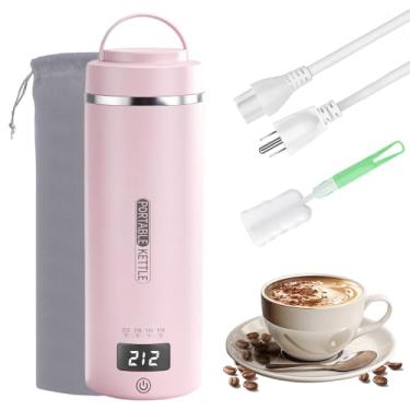 Imagem de Chaleira elétrica portátil com plugue de ebulição e mantém quente via USB, caldeira de água portátil com 4 configurações de temperatura, aço inoxidável 304 com desligamento automático 473 ml (rosa)