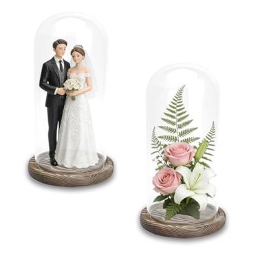 Imagem de Pacote com 2 cúpulas de exibição cloche de vidro de 25,4 cm – Grande pote transparente com base de madeira marrom escuro, para plantas, medalhas, colecionáveis e presentes de Dia das Mães