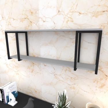 Imagem de Prateleira Industrial Suspensa Estante Parede Nicho Cinza Ferro E Madeira Suporte Pratileira