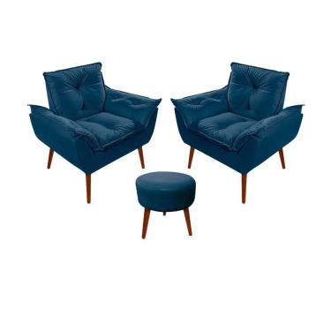 Imagem de Kit C/02 Poltronas Opala + 01 Puff Redondo Danny Suede Azul Marinho
