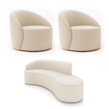 Imagem de Sofá 3 Lug Orgânico 220cm Morgan e 2 Poltronas Giratória Lua Cotelê/Veludo Bege D03 - D'Rossi