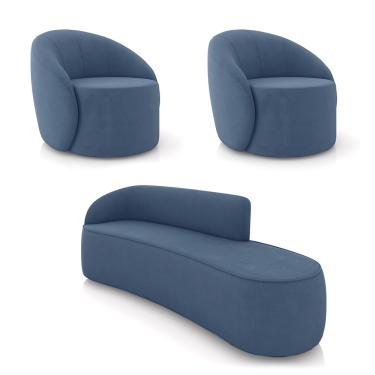 Imagem de Sofá 4 Lugares Orgânico 220cm Morgan e 2 Poltronas Lua Suede Azul M D03 - D'Rossi