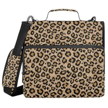 Imagem de SEHANY Fichário de zíper com estampa de leopardo com alça de ombro, capacidade para 500 folhas, vários bolsos, fichário com 3 anéis com zíper de 3 cm