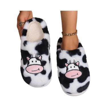 Imagem de Pantufas Femininas Quentes De Pelúcia Com Sola Grossa E Pelo De Vaca P