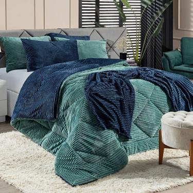 Imagem de Kit Coberdrom Cobertor Queen Canelado Denver Dupla Face Com Fronhas 03 Peças - Manta Microfibra Canelada Cor Verde