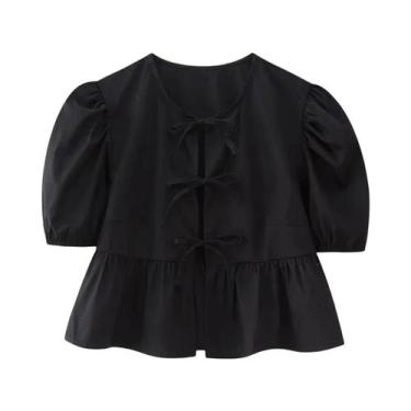 Imagem de Blusa Feminina Branca com Manga Bufante, Gola Redonda e Laço - Estilo 