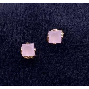 Imagem de Brinco Quadrado Pequeno Zircônia Rosa Banhado em Ouro 18K - Cassis Kah