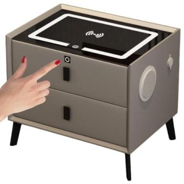 Imagem de Mesa de Cabeceira Smart inteligente Cinza 2 Gavetas c/ Biometria, LED,