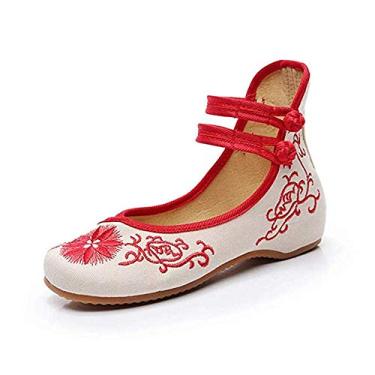 Imagem de TangDao Sapatilhas femininas casuais chinesas bordadas florais cheongsam para caminhar Mary Jane, Vermelho, 7