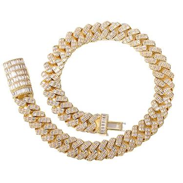 Imagem de Fantex 14K Iced Out 17 mm Heavy Luxury Cuban Link Chain, colar elaborado de diamante CZ Baguette com fivela de caixa joias hip hop para homens e mulheres, Latão, Zircônia cúbica