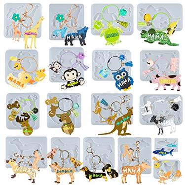 Imagem de Funshow — Conjunto de moldes de silicone de resina epóxi para mamãe e bebê com etiqueta de lobo, dinossauro, alce, cervo, cão, macaco, coruja, tartaruga, girafa, canguru, porco, careca, vaca, pato, cachorro de cachorro, dachshund com 16 unidades