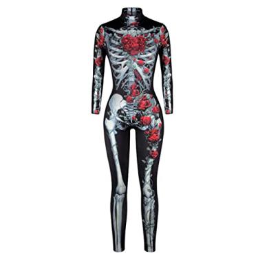 Imagem de Women Halloween Skeleton Costume Stretch Skinny Catsuit Jumpsuit Scary Skull Print Long Sleeve Bodysuit Large