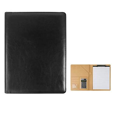 Imagem de Yajun Pasta de arquivos de couro PU com calculadora multifuncional organizador de materiais de escritório blocos de documentos pasta de conferência para viagem de negócios, preto