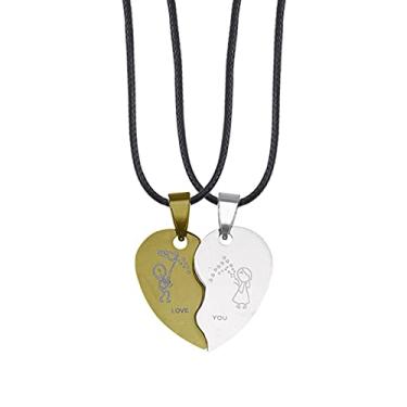Imagem de CNBPIC Colar 2 Pces Coração Forma Pingente Titânio Aço Corrente Couro Corda Casal Joias Presente