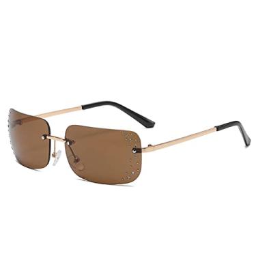 Imagem de Óculos de sol retangular sem aro feminino Óculos de sol sem armação de cristal para senhoras Guarda-sol Óculos UV400, C02 Ouro Marrom, Com uma bolsa