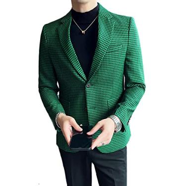 Imagem de Blazer masculino clássico negócios casual elegante terno jaqueta cavalheiro casaco xadrez primavera vintage outwear roupas formais de casamento, verde, G (busto: 96cm)