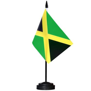 Imagem de Conjunto de bandeiras de mesa ANLEY Jamaica Deluxe - Bandeira de mesa jamaicana em miniatura de 6 x 4 "com pólo sólido de 12" - cores vivas e resistente ao desbotamento - base preta e topo de lança