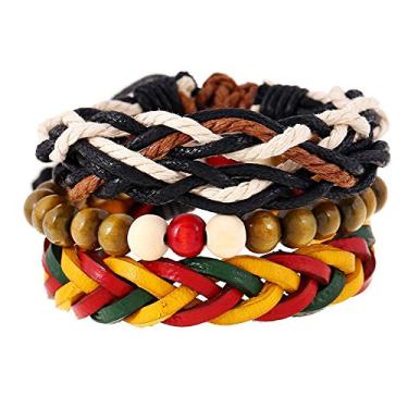 Imagem de YingHwa Simple Pulseiras masculinas e femininas de couro bovino, vermelho, amarelo e verde, conjunto de três peças de hip hop rock diy, Couro, Sem pedras preciosas