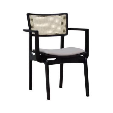 Imagem de Cadeira Apollo Madeira Maciça Com Braço Encosto Telinha Assento Anatômico - Preto Estofado Linho Bege