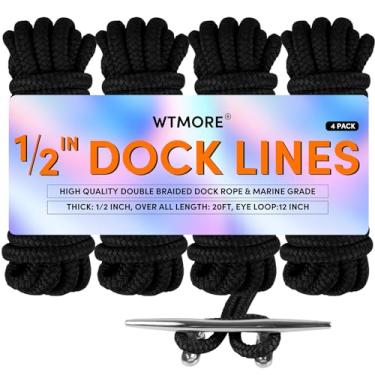 Imagem de Linhas de doca Cordas de barco para ancoragem 1/5.1 cm x 20' Corda marinha trançada dupla linhas de barco para ancoragem, linhas de doca para barcos com laço, linhas de barco de corda de barco pretas