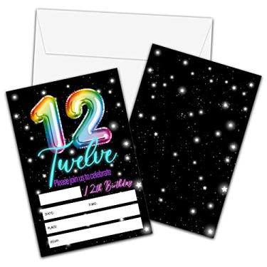 Imagem de Convites de aniversário de 12 anos com envelopes - Cartão de convite de festa de aniversário de balão arco-íris para meninas / meninos - Cartões de convites de preenchimento neon Glow - Celebração de