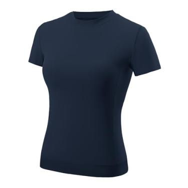 Imagem de AKEWEI Camisetas femininas de compressão atlética com bainha cruzada de manga comprida para exercícios respiráveis para ioga com orifício para polegar, B7_azul marinho_manga curta, G