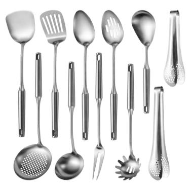 Imagem de Conjunto de utensílios de cozinha de aço 304 Stainlss, conjunto de 11 utensílios de cozinha longos de metal com espátula, concha, colher, concha, escumadeira, afinador, servidor de massa, pinças