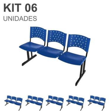 Imagem de Kit 06 Cadeiras longarinas PLÁSTICAS 03 Lugares - COR AZUL  - REALPLAS