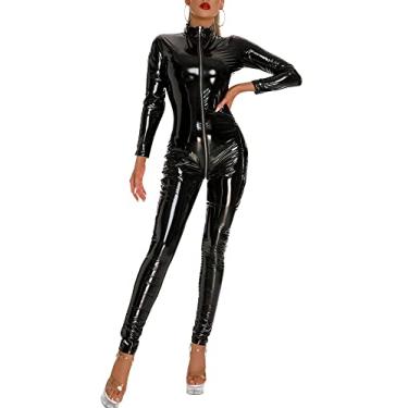 Imagem de FEOYA Macacão feminino de látex de couro envernizado, macacão metálico, roupa de festa, boate, skinny, elástico, roupas PP-3GG, D Preto, US(S)=Tag(L)