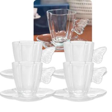 Imagem de Conjunto 4 Xicaras De Cafe De Vidro Com Pires Butterfly 80 mL Lyor - W