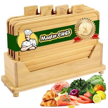 Imagem de Essenhome Conjunto grande de 4 tábuas de corte de bambu - Conjunto de tábuas de corte de madeira com suporte - Conjunto de tábuas de corte com ícones de alimentos e sulco de suco - Ideal para carne,