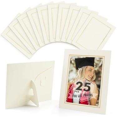 Imagem de Mat Board Center, pacote com 25 molduras de papel marfim 12 x 18 cm com cavalete, porta-retrato de papelão faça você mesmo com forro dourado - perfeito para formatura e eventos especiais