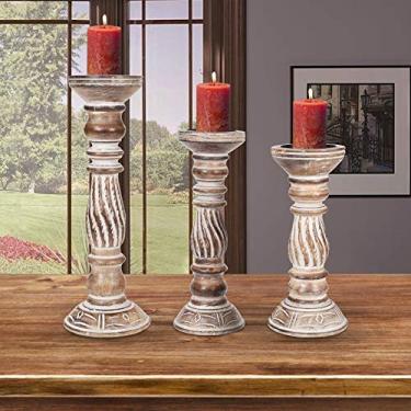 Imagem de Conjunto de 3 castiçais de madeira (cor – acabamento natural, tamanho – 35,5 cm, 30,5 cm, 25,4 cm), suporte de vela de madeira, suportes de vela unidade, colunas viradas arredondadas, presente inativo estilo country para casamento