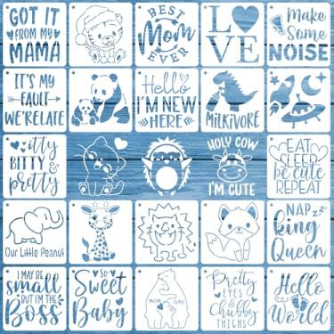 Imagem de OOTSR 25 Estênceis de Bebê para Pintura, Estênceis de Chá de Bebê com Frases e Animais, Macacão, Babador, Bolsa, Camisa, Sapatos, Modelos para Roupas e Artesanato