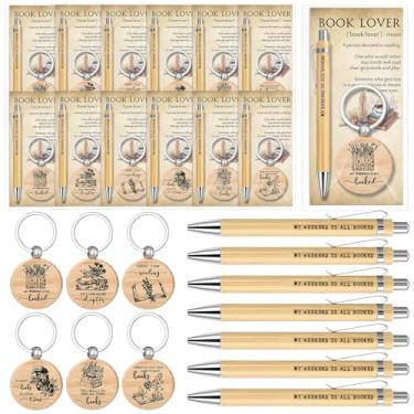 Imagem de Sayglossy 12 conjuntos de canetas esferográficas para livros em massa com chaveiros de madeira e marcadores de livro para amantes de livros, presentes inspiradores para bibliotecários, professores