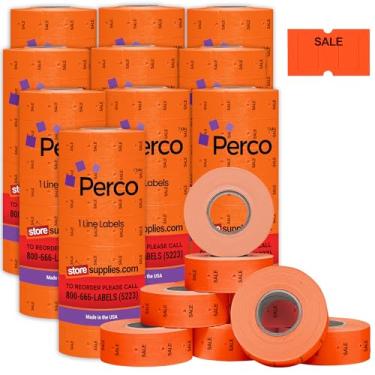 Imagem de Perco 1 linha de etiquetas de venda vermelha fluorescente - 80 rolos, 10 mangas, 80.000 etiquetas de preço e data em branco para armas de data e preço Perco 1 linha - Feito nos EUA