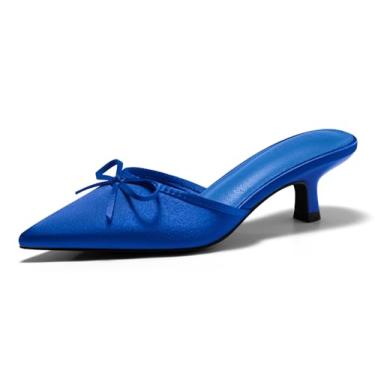 Imagem de Coutgo Sapatos femininos de salto gatinho com laço de cetim sem cadarço, bico fino, vestido de festa de casamento, Azul royal, 36