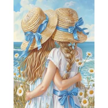 Imagem de TUTUMAY21 Seaside Sisters Hug Together DIY 5D Diamond Art Paint with Full Drill Round Diamond Gems Painting by Number Kits para adultos arte artesanato decoração de parede de casa 30,5 x 40,6 cm