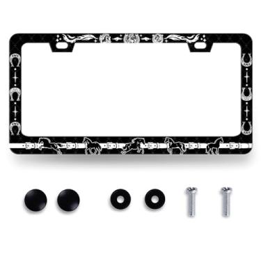 Imagem de Suporte de placa de carro ferradura de cavalo para etiquetas dianteiras e traseiras de carro peças de automóvel de aço inoxidável placa de licença engraçada para homens mulheres jovens decoração com