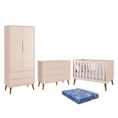 Imagem de Dormitório Theo 2 Portas, Cômoda 6 Gavetas, Berço com Pés Amadeirado e Colchão - Reller Móveis Rosa Fosco