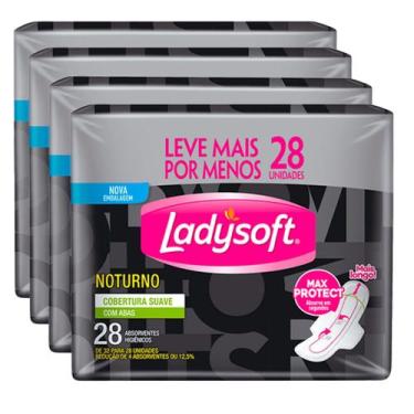 Imagem de Kit 4 Absorvente Ladysoft Noturno Suave Com Abas Com 28 Unidades