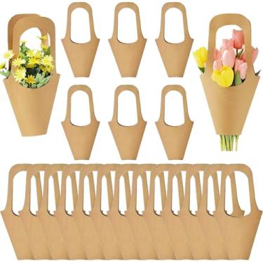 Imagem de ESIW 100 peças de sacolas de presente de flores, bolsa de papel kraft, alça de flores, presente de embrulho, decoração de casa (marrom)