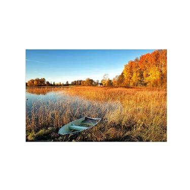 Imagem de Paisagens Pintura em Tela-Árvore outono barco lago-Arte Parede Natureza-Pôster Decoração Sala de Estar Banheiro 20x30cm Sem Moldura