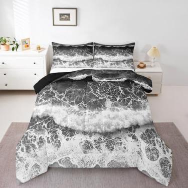 Imagem de jejeloiu Jogo de cama solteiro com tema de praia e ondas do oceano, para meninos, meninas, adolescentes, verão, mar, náutico, natureza, senério, edredom para decoração de quarto